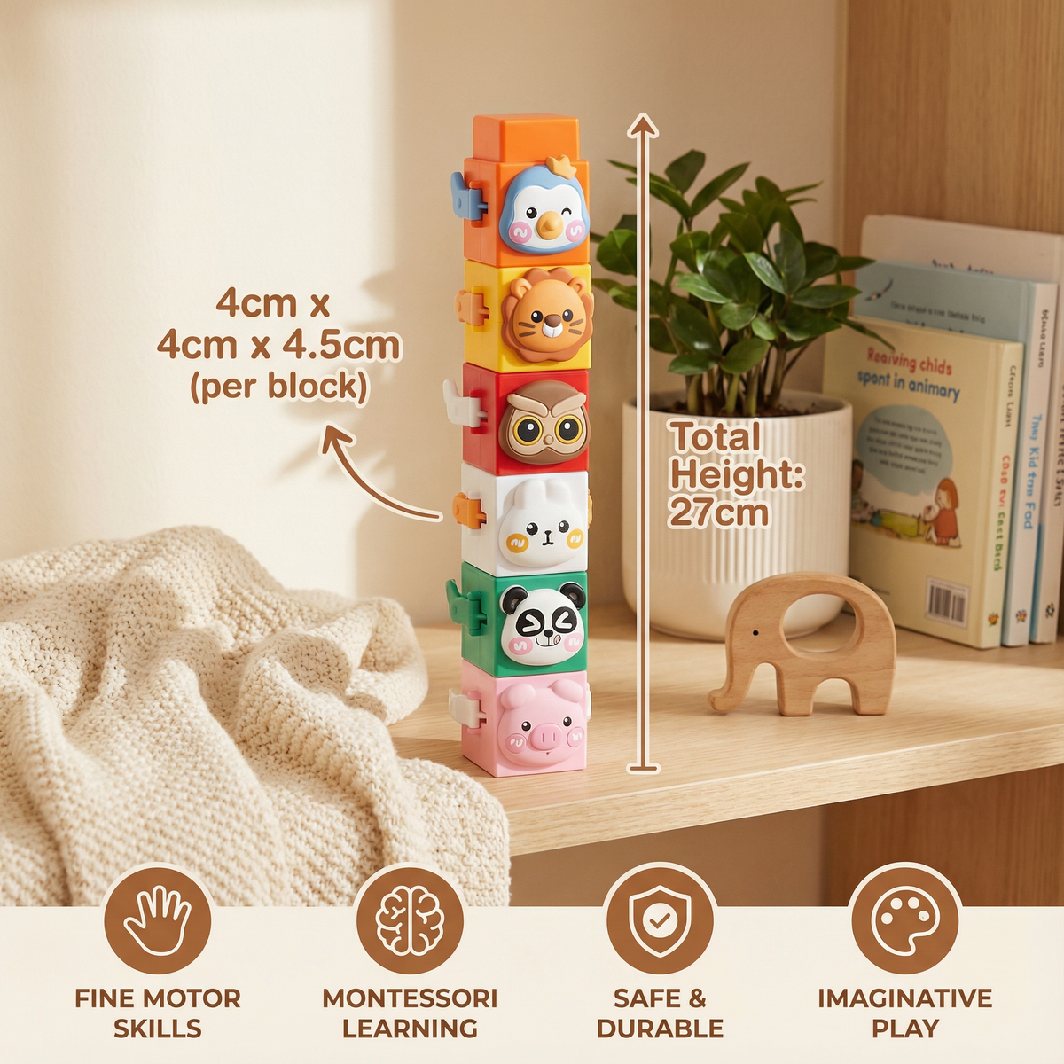 Animal Stacking Blocks Toy Set with Colorful Faces for Toddlers