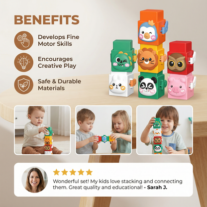 Animal Stacking Blocks Toy Set with Colorful Faces for Toddlers