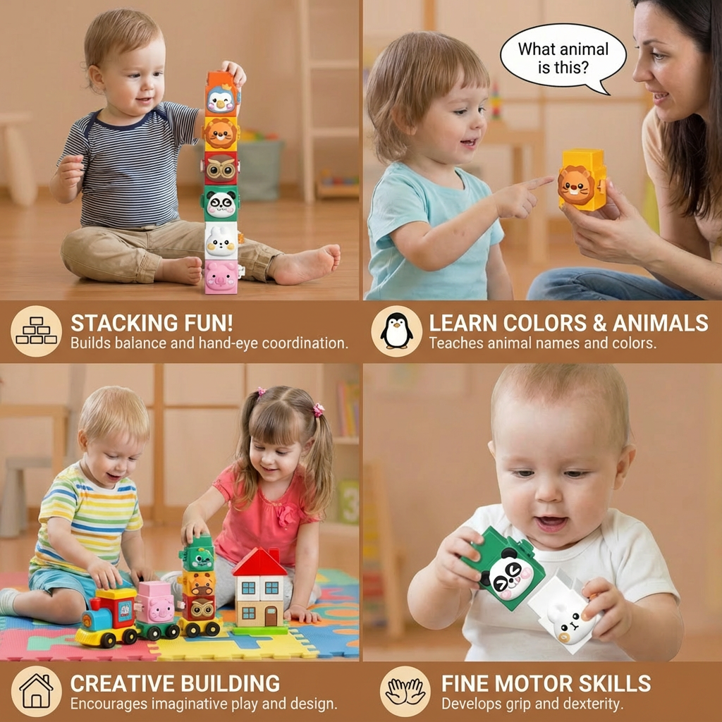 Animal Stacking Blocks Toy Set with Colorful Faces for Toddlers
