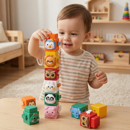 Animal Stacking Blocks Toy Set with Colorful Faces for Toddlers