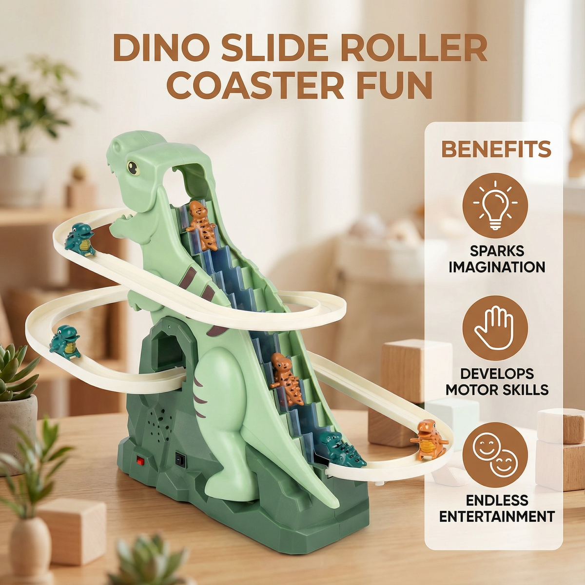 Colorful Dino Slide Roller Coaster Play Set for Kids Indoors and Outdoors