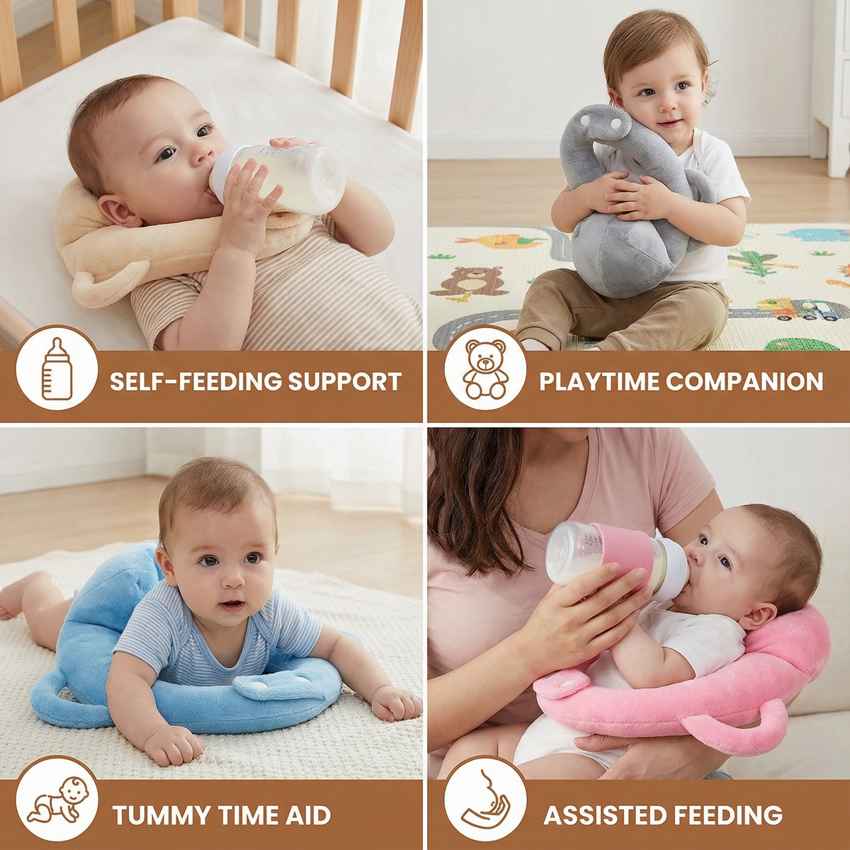 Baby Feeding Support Pillow with Breathable Mesh and Bottle Holding Design in Five Colors