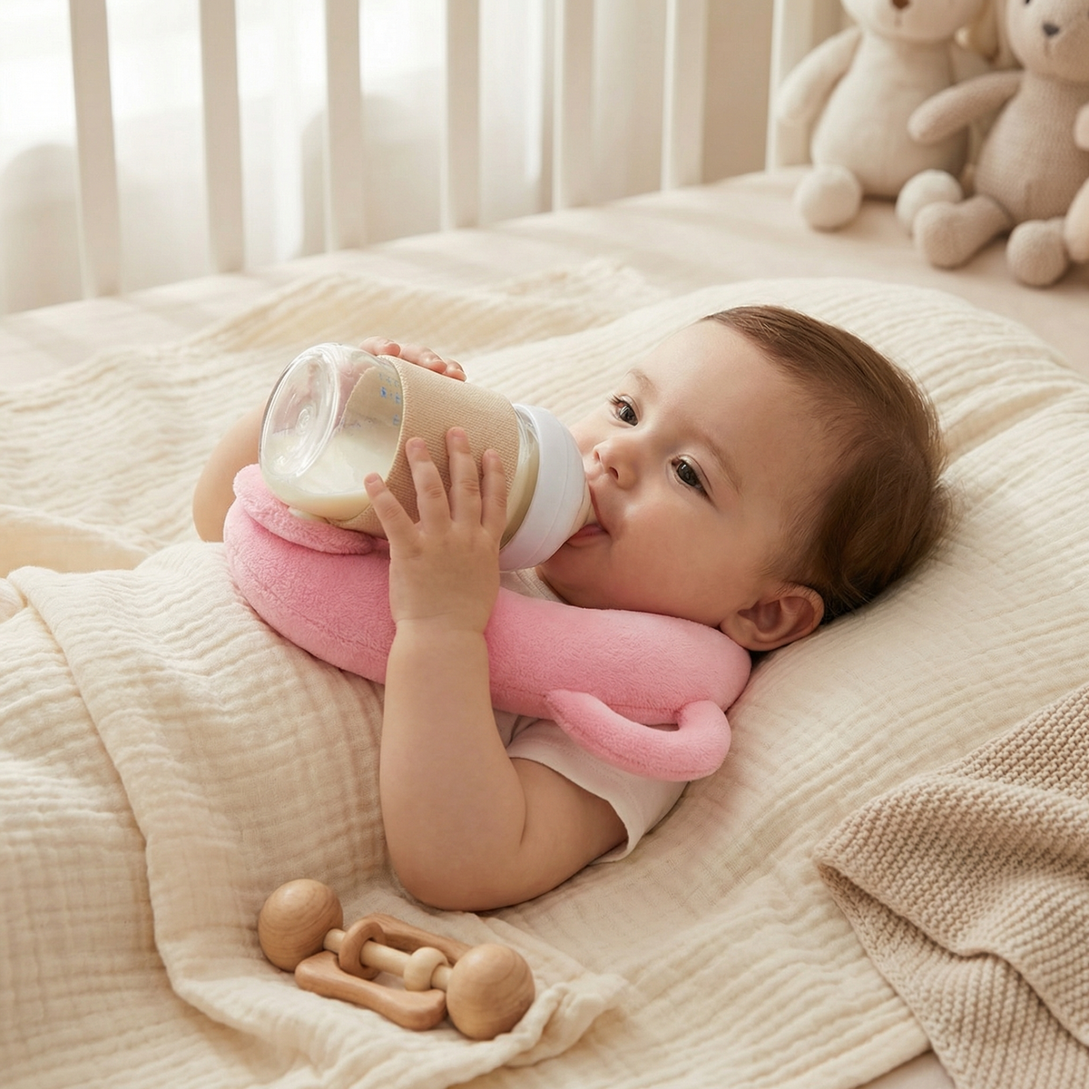 Baby Feeding Support Pillow with Breathable Mesh and Bottle Holding Design in Five Colors