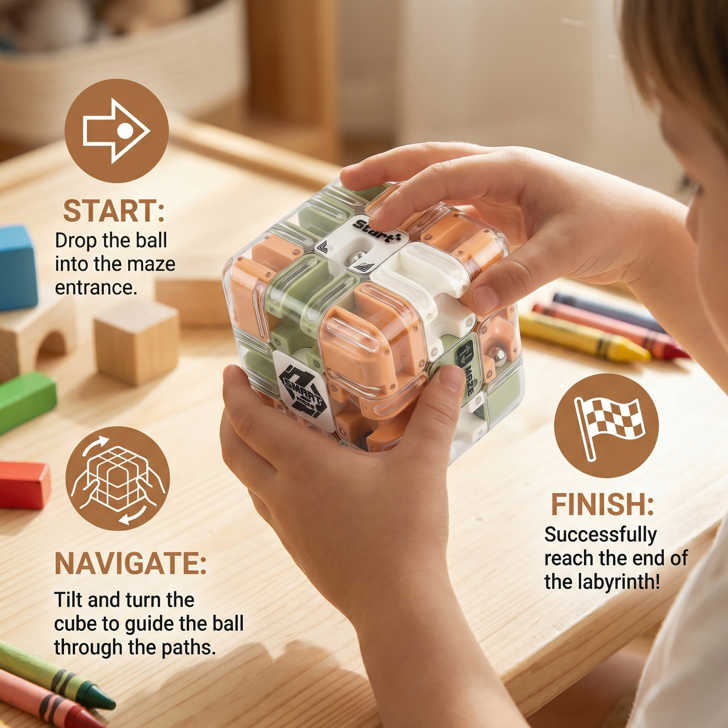 3D Maze Cube with Tilting Ball and Winding Pathways