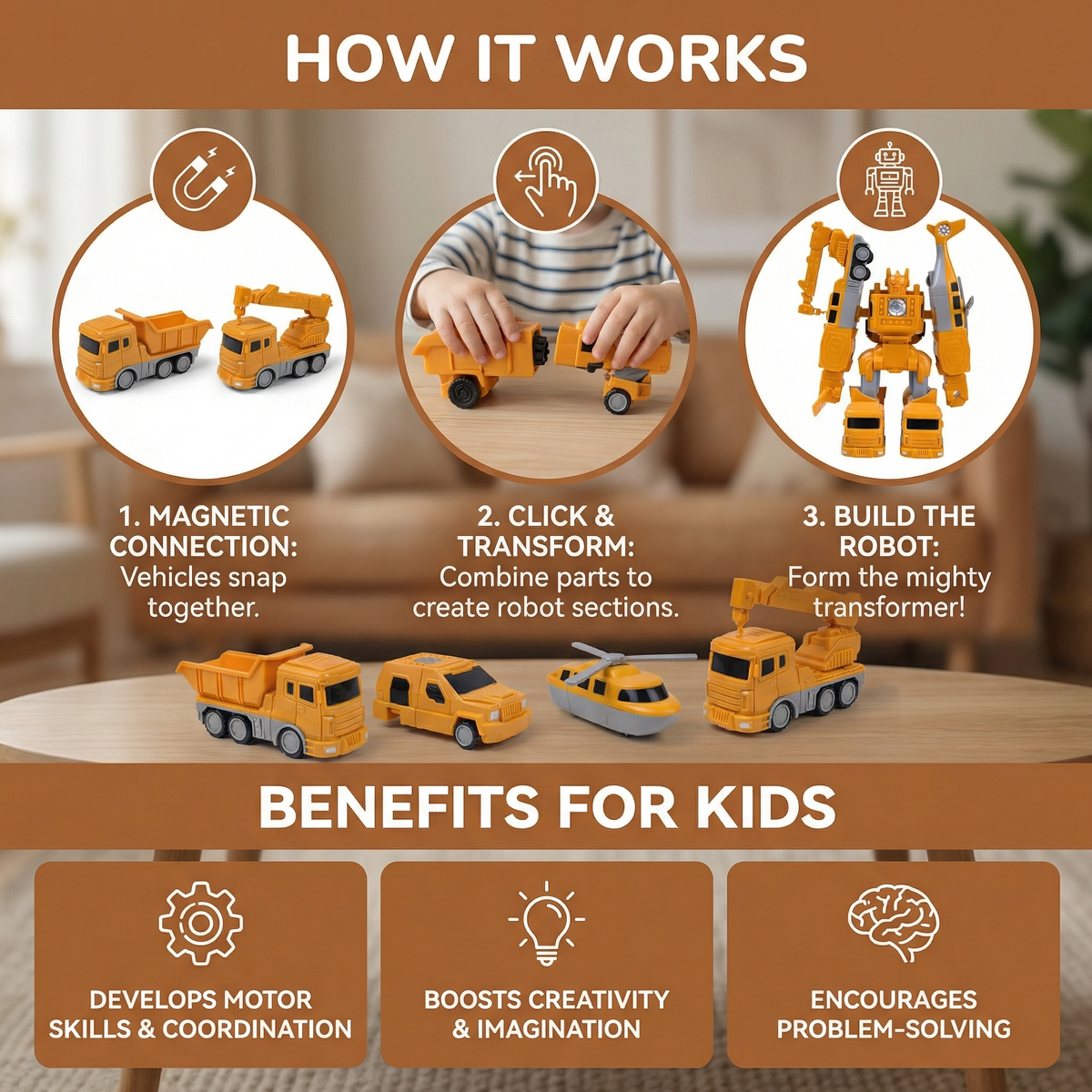 Magnetic Building Vehicles That Snap Together and Change from Car to Robot