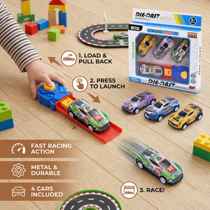Car Catapult Racing Set with 4 Die Cast Cars and Launcher for Head to Head Races