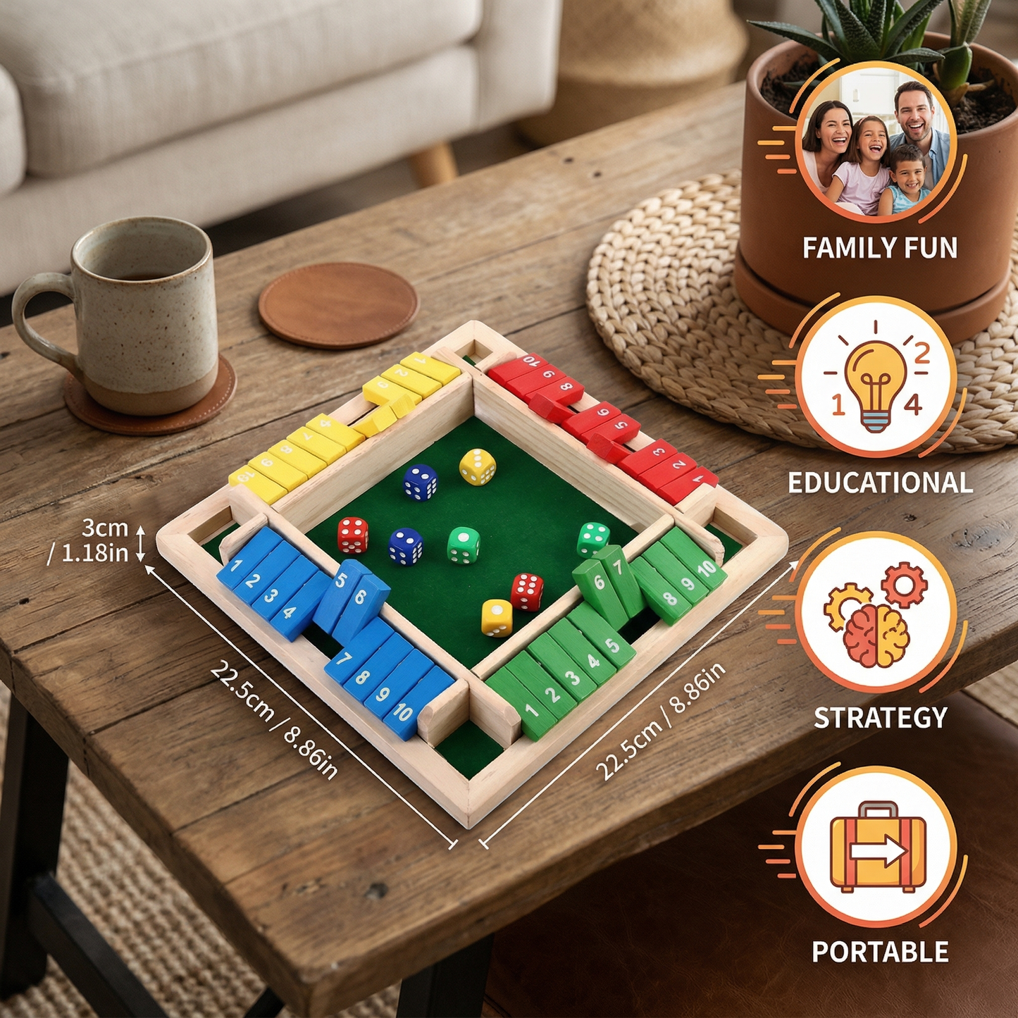 Wooden Dice Game with Four Player Boards and Flip Tiles for Addition Practice