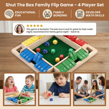Wooden Dice Game with Four Player Boards and Flip Tiles for Addition Practice