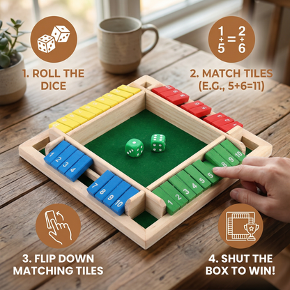 Wooden Dice Game with Four Player Boards and Flip Tiles for Addition Practice