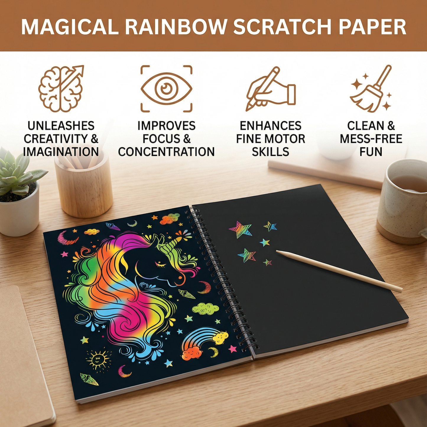 Scratch Art Paper with Rainbow Reveal and Wooden Stylus, Multiple Sheets
