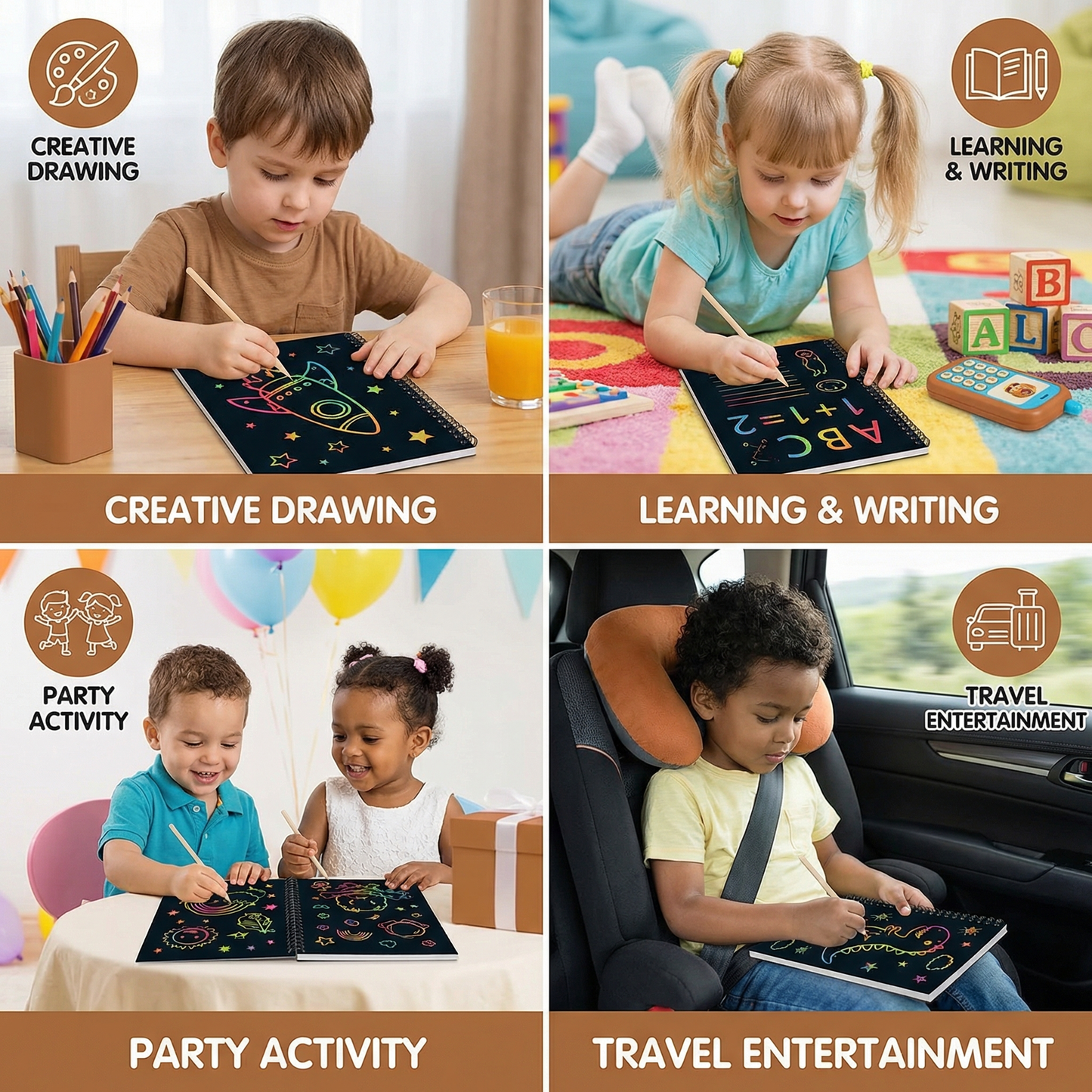 Scratch Art Paper with Rainbow Reveal and Wooden Stylus, Multiple Sheets