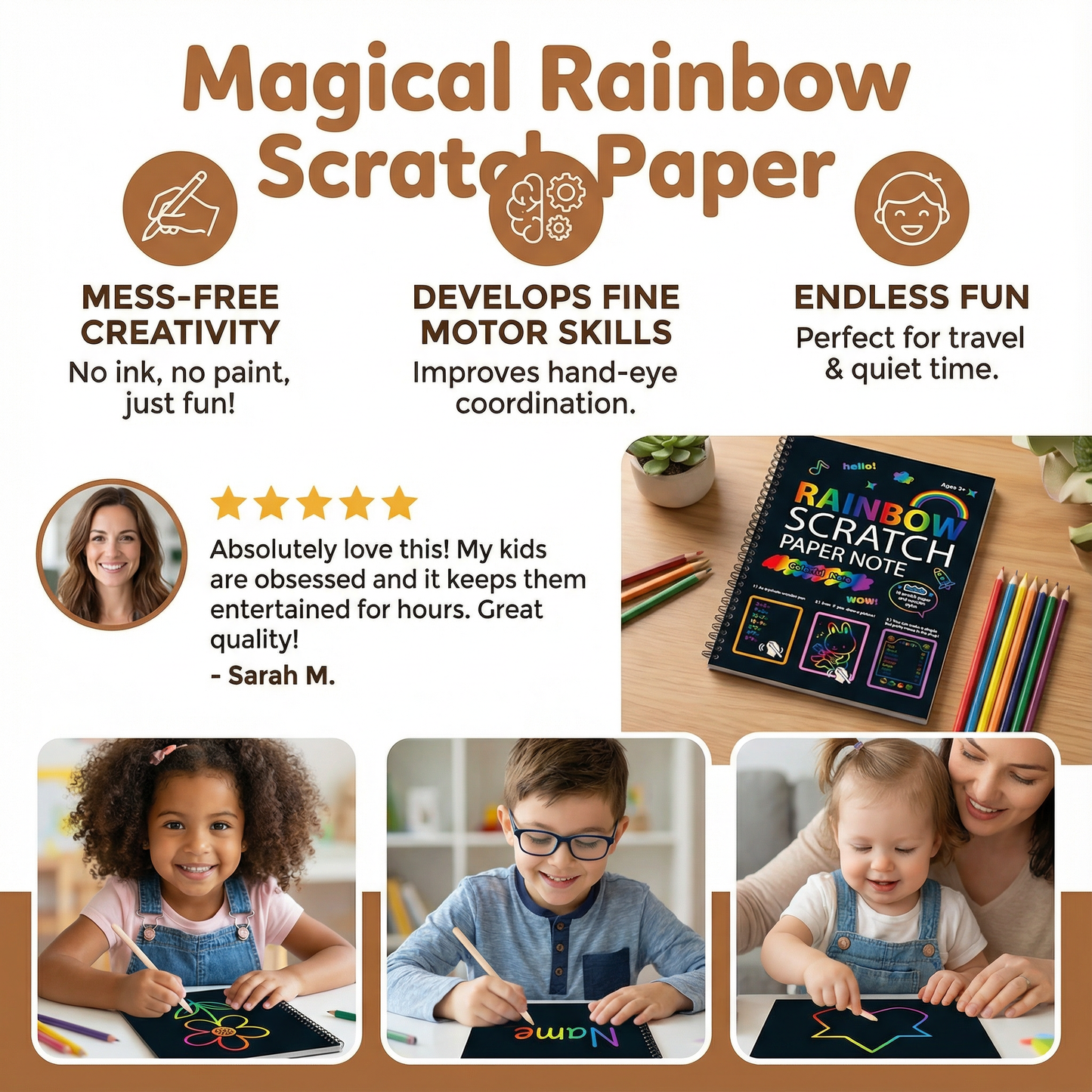 Scratch Art Paper with Rainbow Reveal and Wooden Stylus, Multiple Sheets
