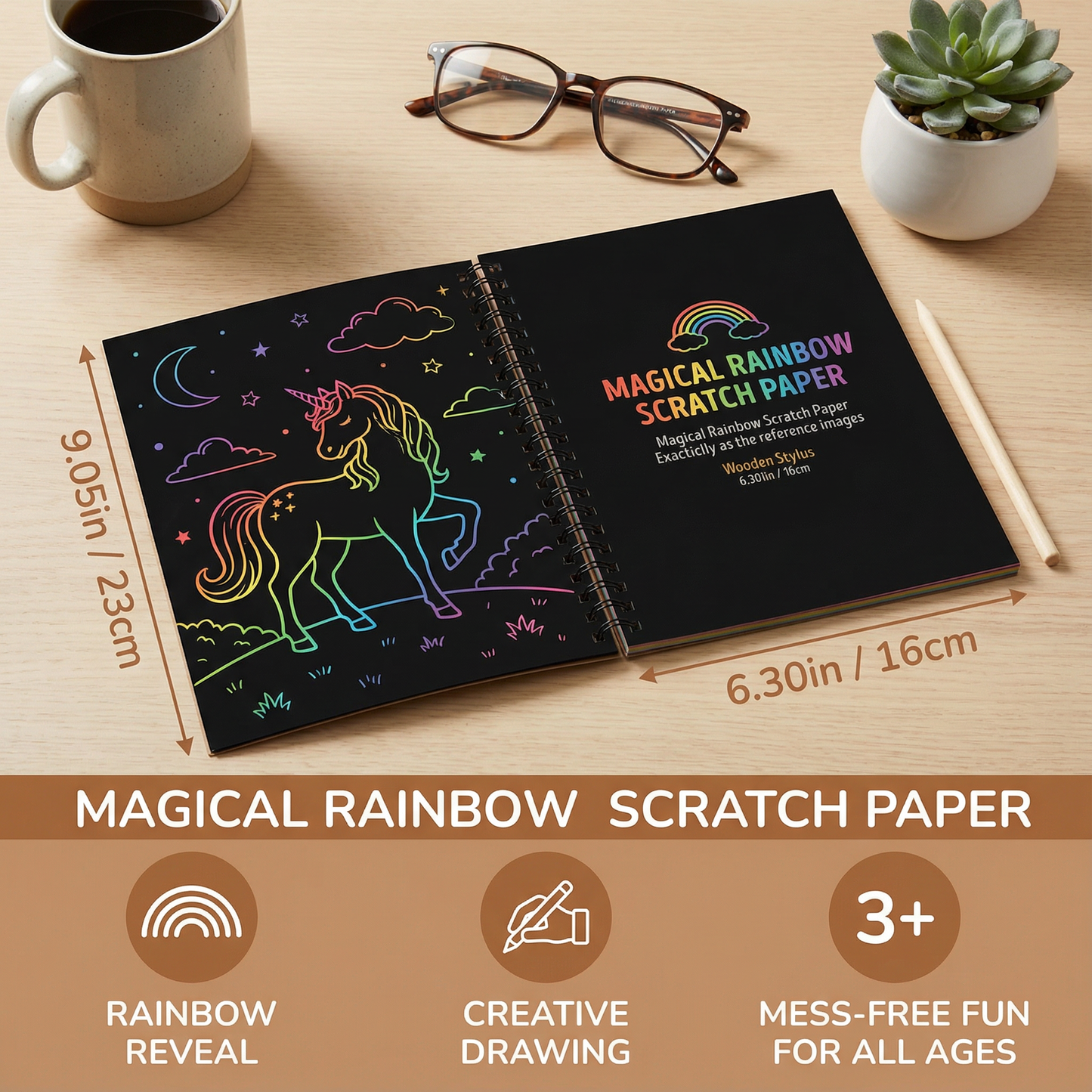 Scratch Art Paper with Rainbow Reveal and Wooden Stylus, Multiple Sheets