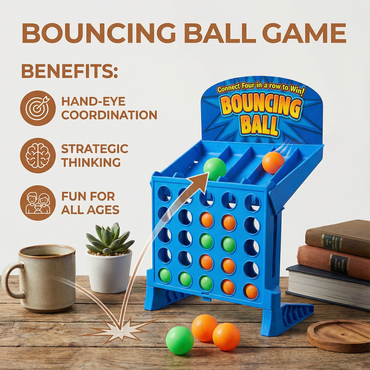 Bounce and Aim Target Game with Colorful Balls and Foldable Grid for Lining Up Four