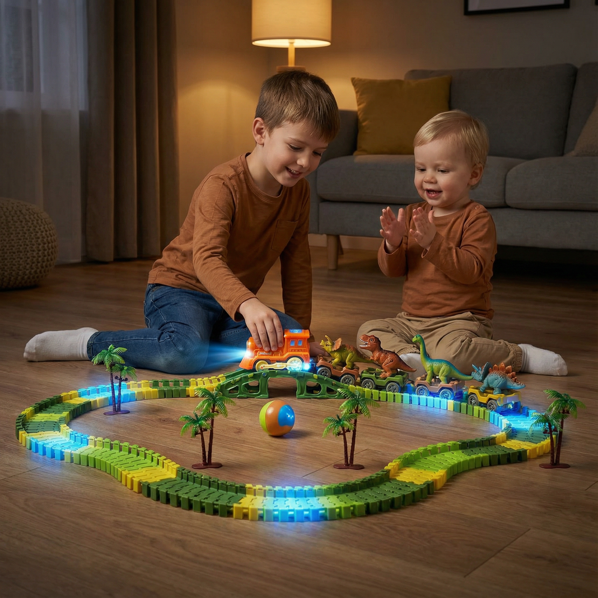 Flexible Dinosaur Race Track Set with Glowing Train