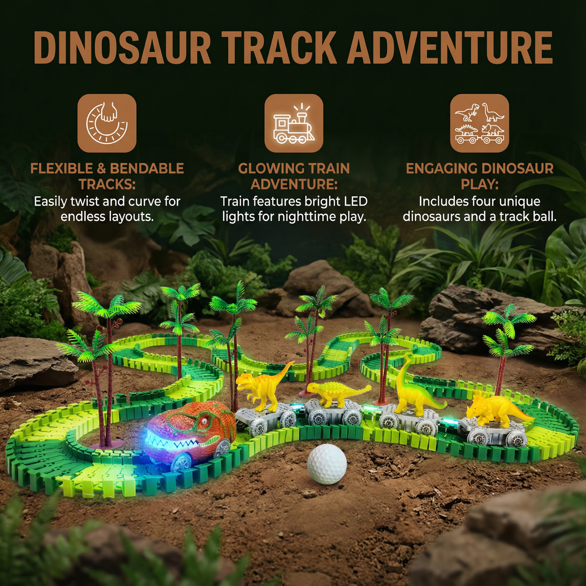 Flexible Dinosaur Race Track Set with Glowing Train