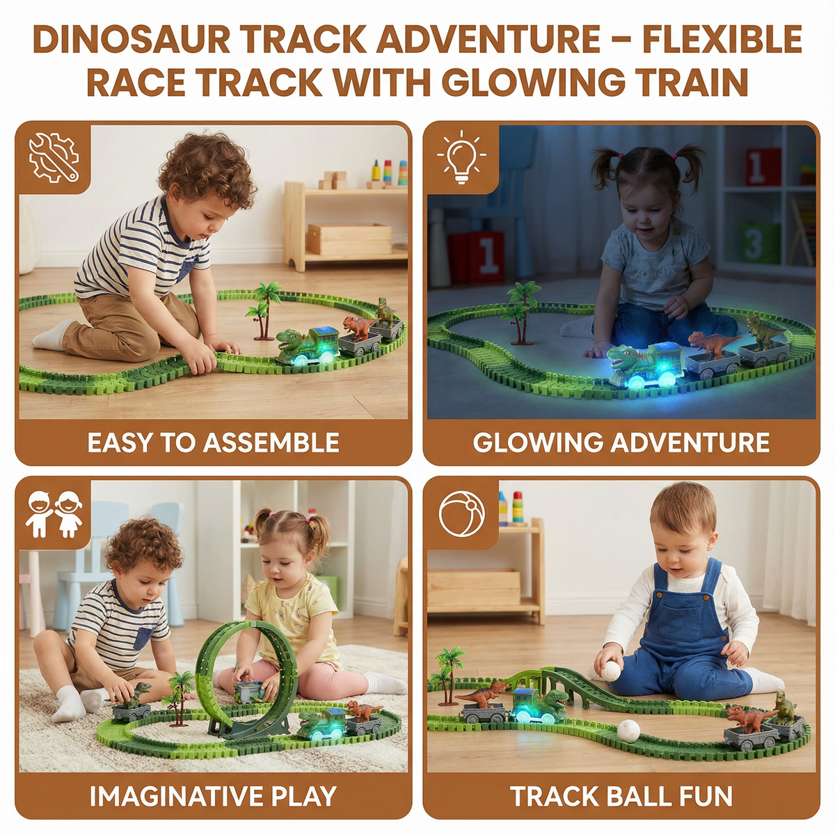 Flexible Dinosaur Race Track Set with Glowing Train
