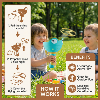 Pull String Flying Propeller Toy Set with 6 Propellers and Frog Shaped Launcher