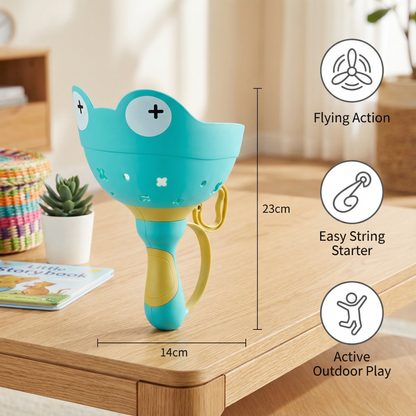 Pull String Flying Propeller Toy Set with 6 Propellers and Frog Shaped Launcher