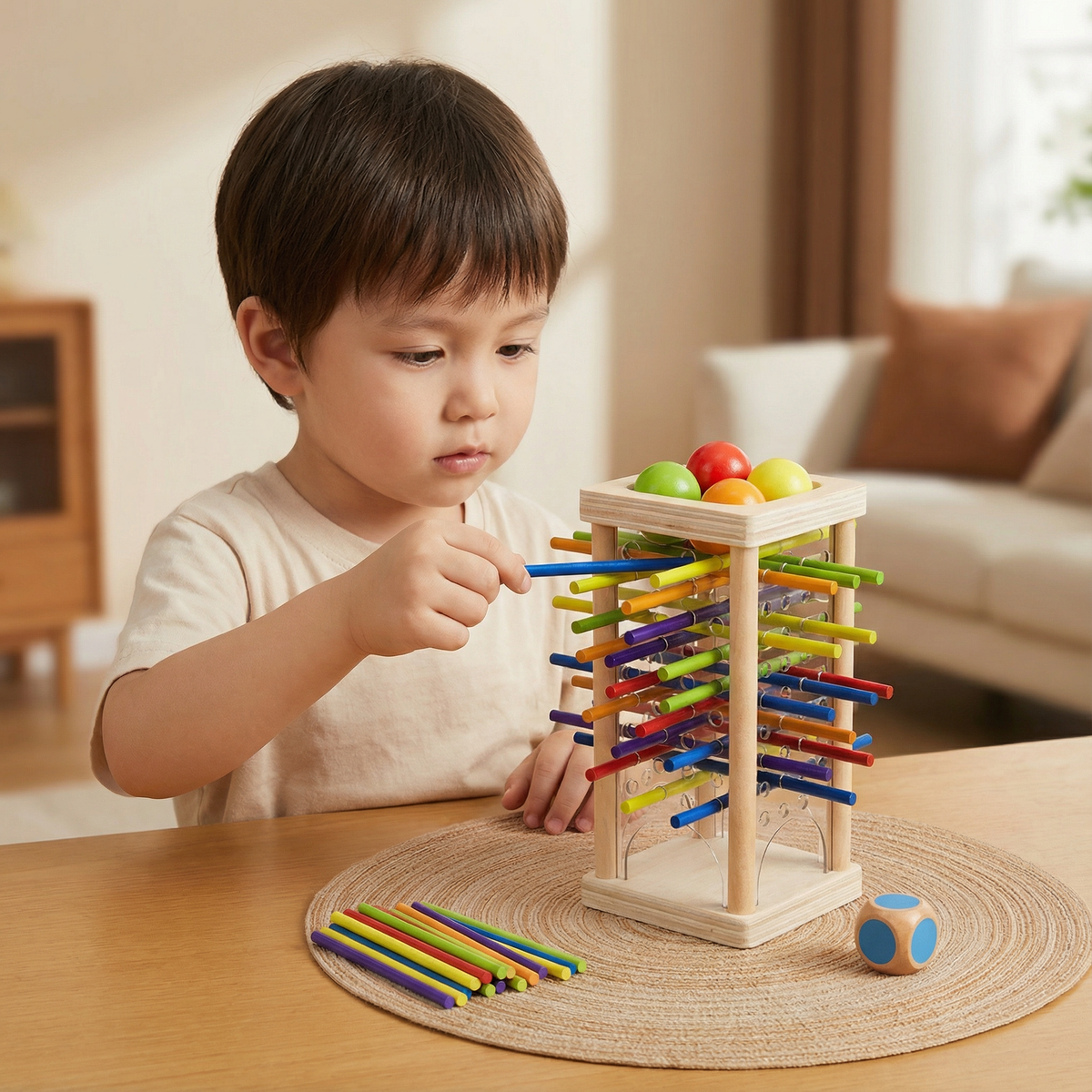 Wooden Ball and Stick Game with Three Play Modes for Color Matching and Steady Hands