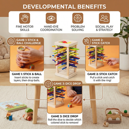 Wooden Ball and Stick Game with Three Play Modes for Color Matching and Steady Hands