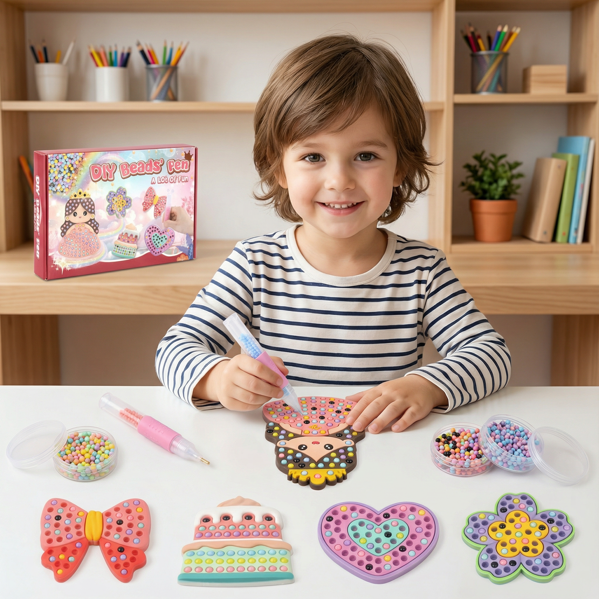 Kids Bead Art DIY Craft Set with Colorful Design Motifs