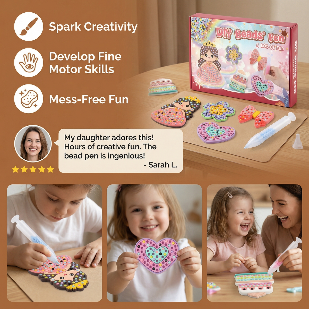 Kids Bead Art DIY Craft Set with Colorful Design Motifs