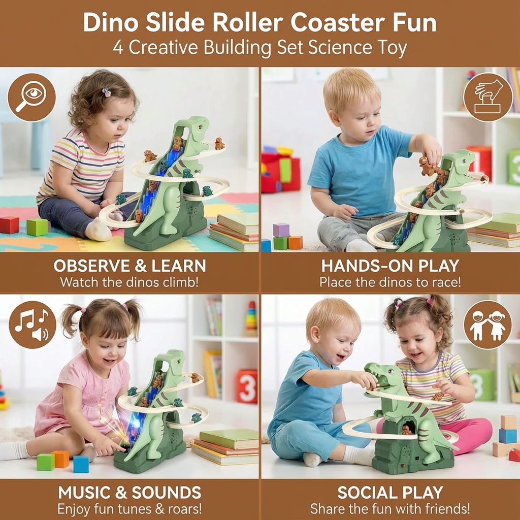 Colorful Dino Slide Roller Coaster Play Set for Kids Indoors and Outdoors