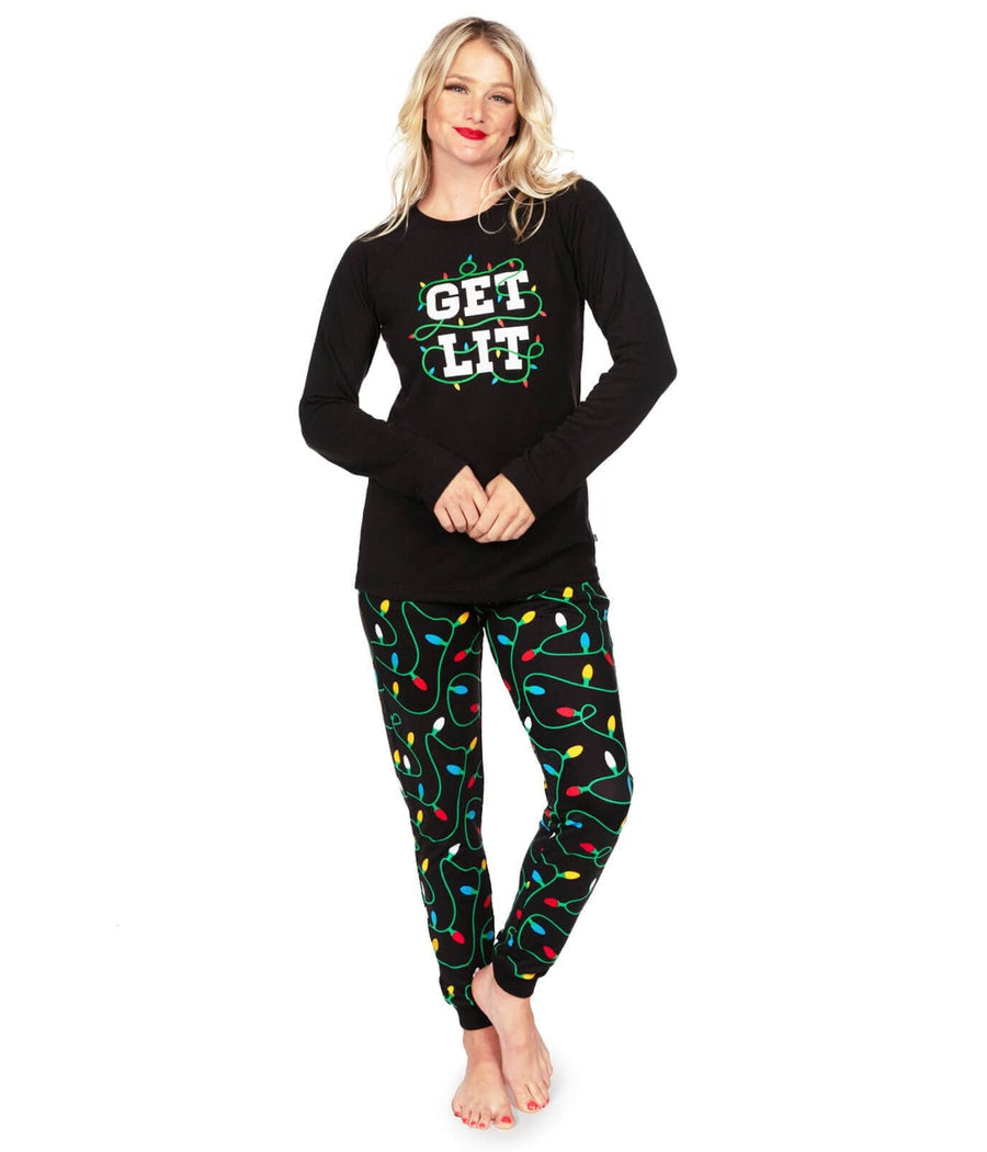 Womens Holiday Pajama Set with Get Lit Top and Christmas Lights Printed Pants