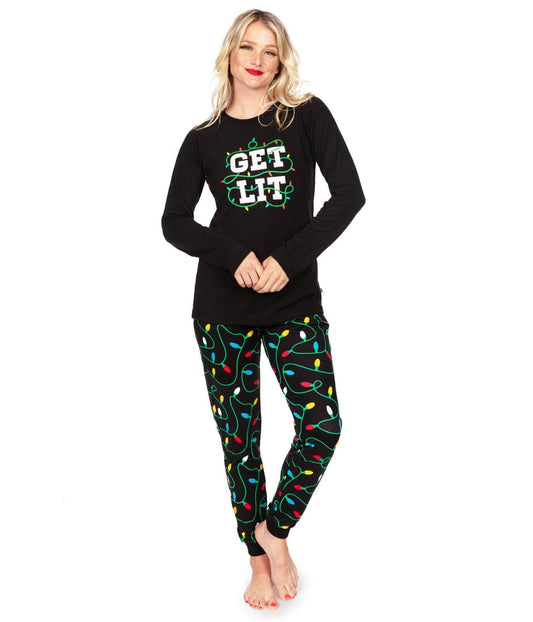 Womens Holiday Pajama Set with Get Lit Top and Christmas Lights Printed Pants