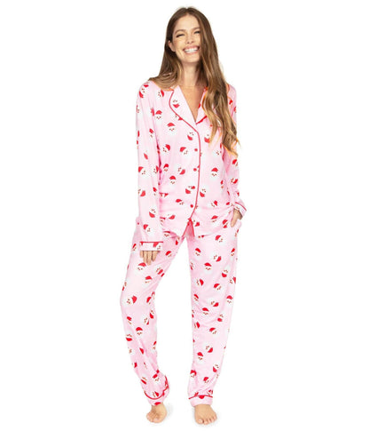 Womens Pink Santa Pattern Pajama Set with Lapel Collar Top and Matching Pants