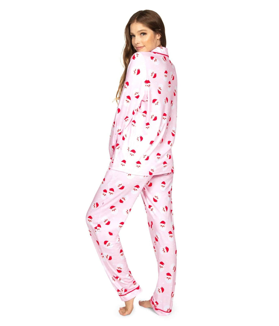 Womens Pink Santa Pattern Pajama Set with Lapel Collar Top and Matching Pants