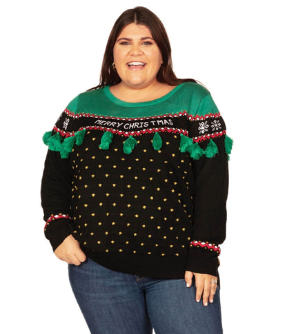 Womens Plus Size Christmas Sweater with Tassel Trimmed Tree in Green and Red