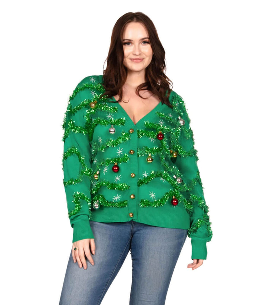 Womens Plus Size Holiday Cardigan Covered in Tinsel and Bulbs for a Christmas Tree Look