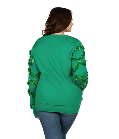 Womens Plus Size Holiday Cardigan Covered in Tinsel and Bulbs for a Christmas Tree Look