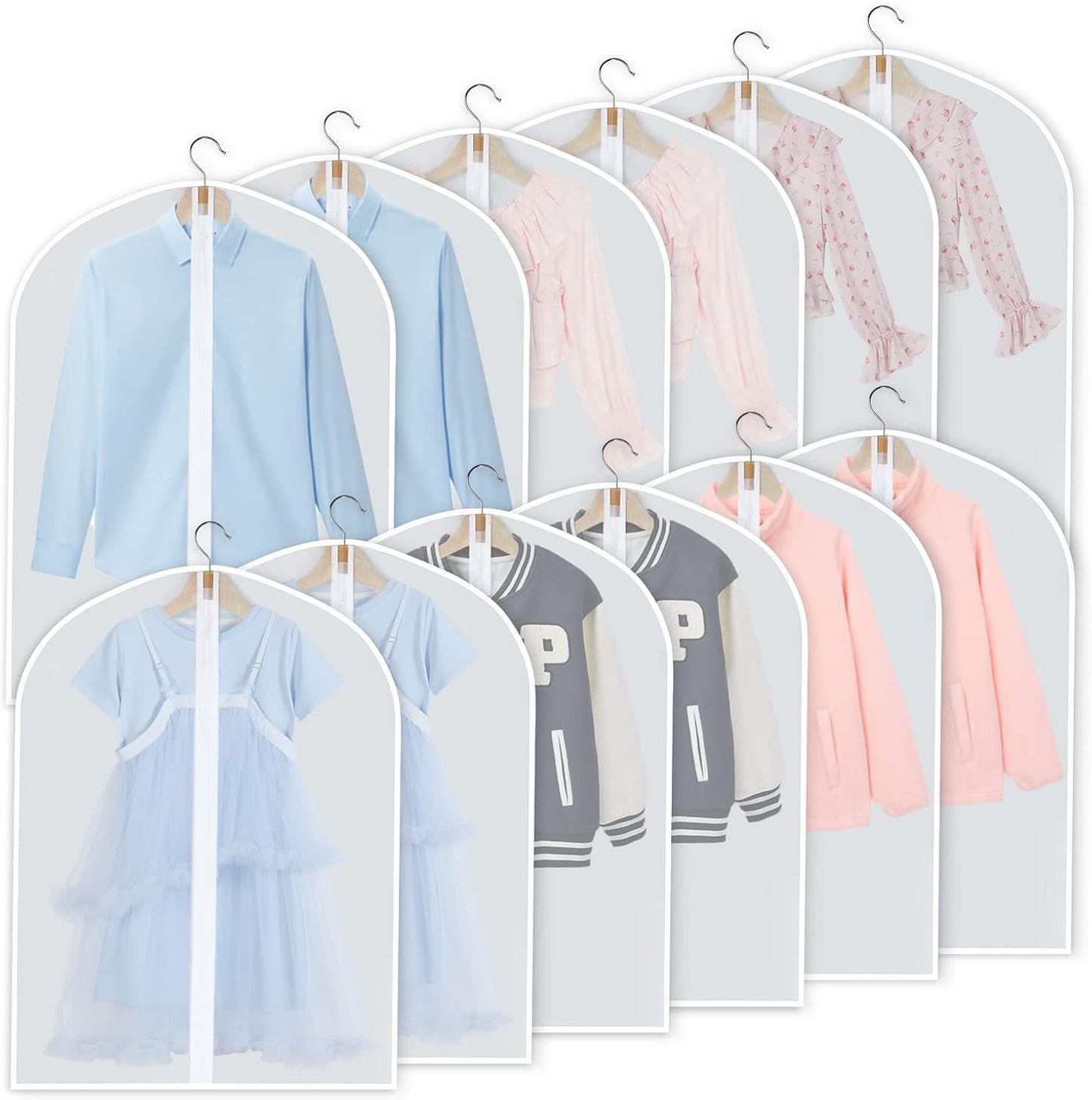 Hanging Garment Covers with Full Length Zippers and Dust Blocking Tab, 24 Pack 3 Sizes