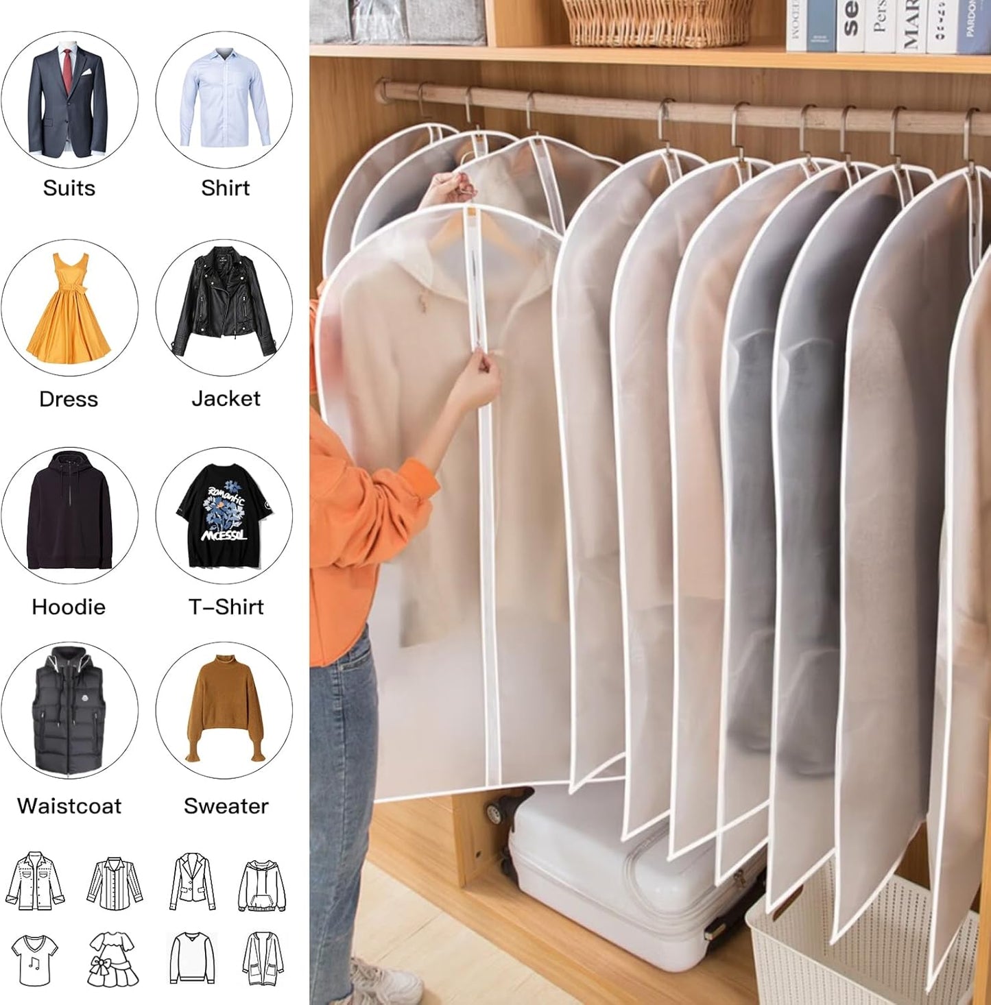 Hanging Garment Covers with Full Length Zippers and Dust Blocking Tab, 24 Pack 3 Sizes