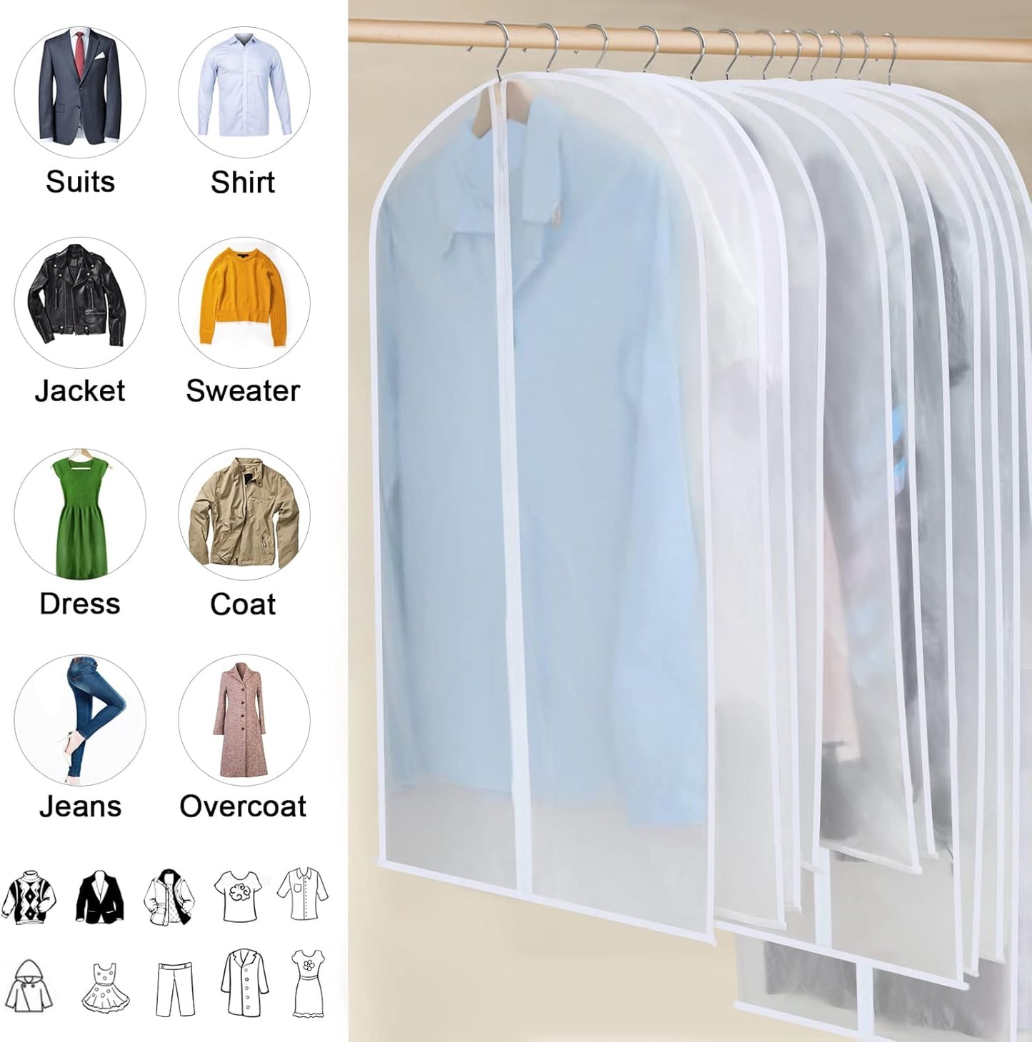 Hanging Garment Covers with Full Length Zippers and Dust Blocking Tab, 24 Pack 3 Sizes
